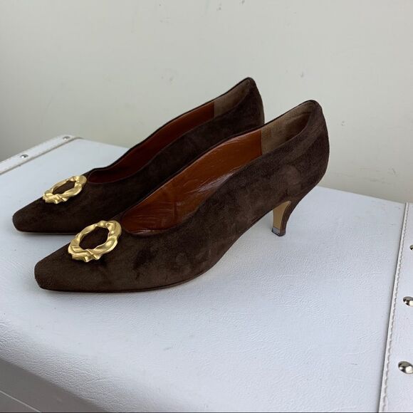 Vintage Paloma Brown Suede Pointy Toe Heels Satin Gold Circle Accent - Picture 2 of 13